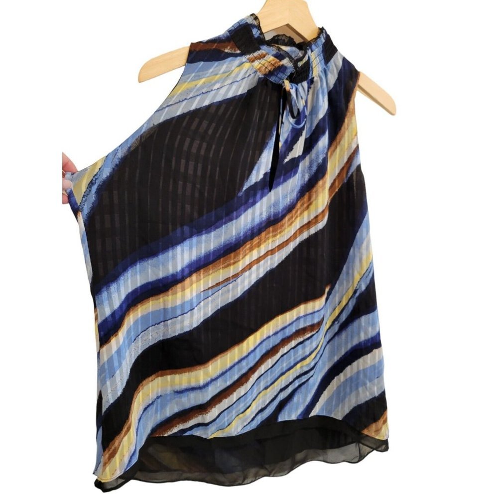 WHBM Multicolored Mock Neck Tank Top Blouse Sleeveless Black Large Relaxed Flowy - Picture 3 of 8